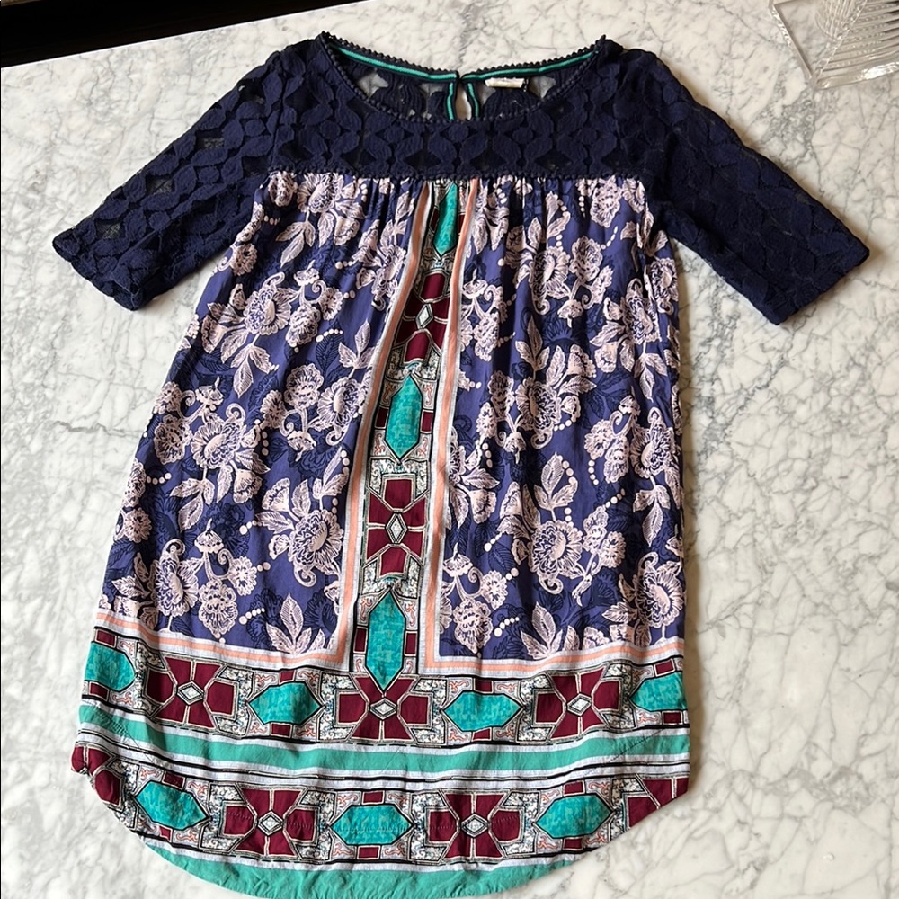 Anthropologie Blue and Green Blouse with Vibrant Patterns
